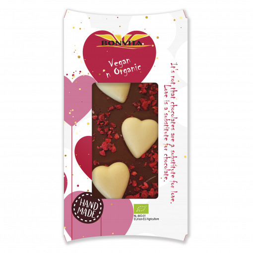 Vegan Chocolade Tablet met Witte Hartjes & Framboos van Bonvita